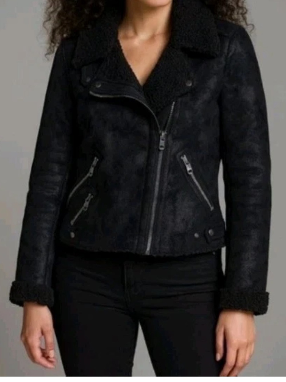 American Eagle Womens Black Vegan Suede Moto Jacket Shearling Lined M